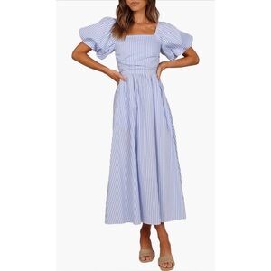 Petal & Pup Clo Stripe Puff Sleeve Midi Dress